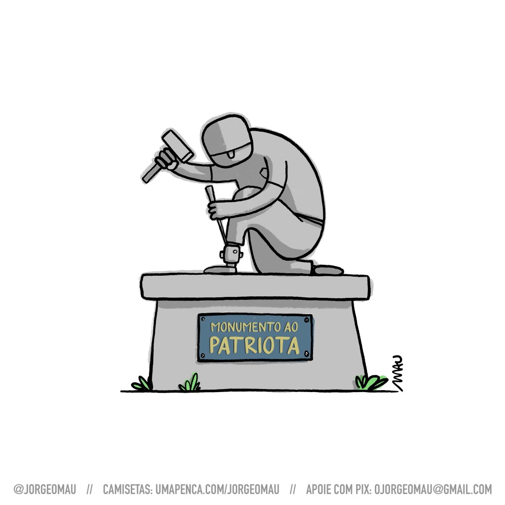 charge - estátua de um cara ajoelhado sobre um dos joelhos, quebrando sua tornozeleira eletrônica, empunhando uma talhadeira e uma marreta. na base da escultura há uma placa que diz: monumento ao patriota.