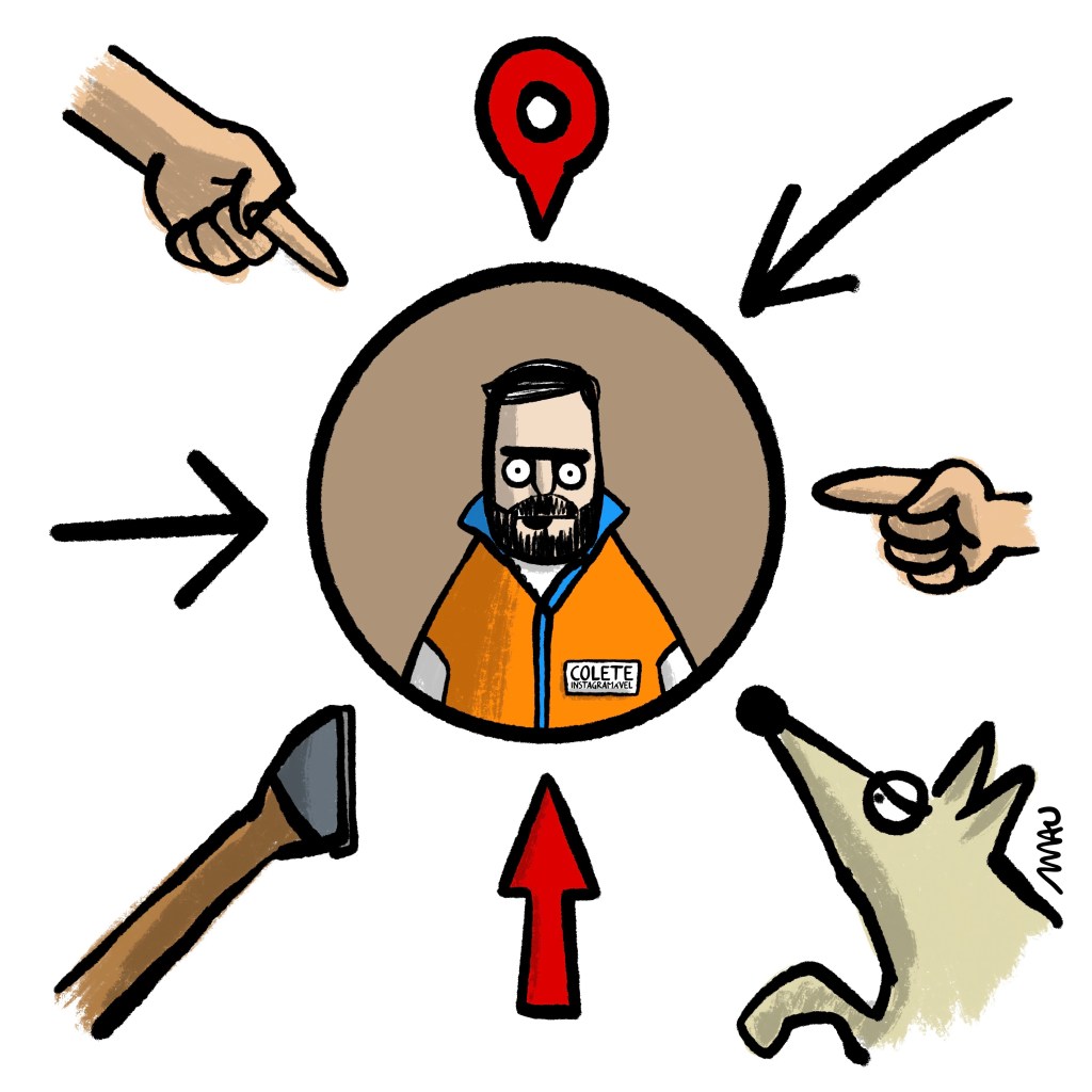 charge - o governador leite está num círculo no centro do desenho, vestindo seu colete, que tem uma identificação “colete instagramavel”. em volta dele há setas, mãos, um ícone de localização, um cachorro e uma pata de cavalo, apontando para ele.