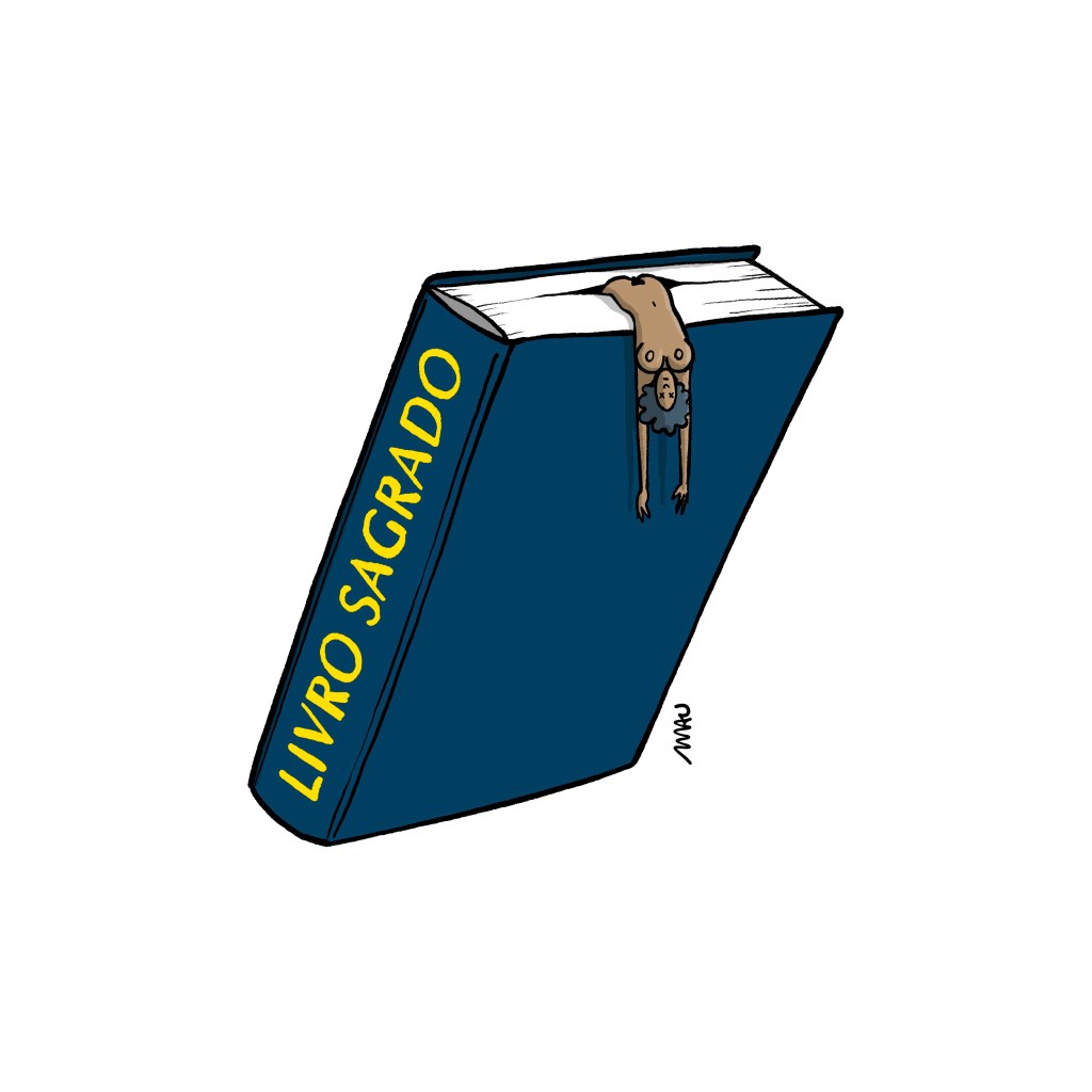 charge - um livro, de capa azul marinho, fechado, o marcador de páginas é o corpo nu de uma mulher negra. ela tem as pernas enfiadas entre as páginas do livro e resto do corpo pendurado, com os braços soltos. na lombada do livro se lê: livro sagrado.