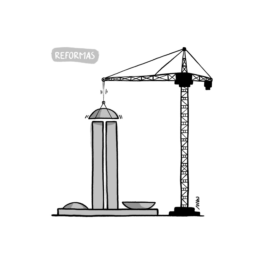 charge - sob o título “reformas” um guindaste coloca sobre as torres do congresso uma terceira cúpula, formando um falo gigante.