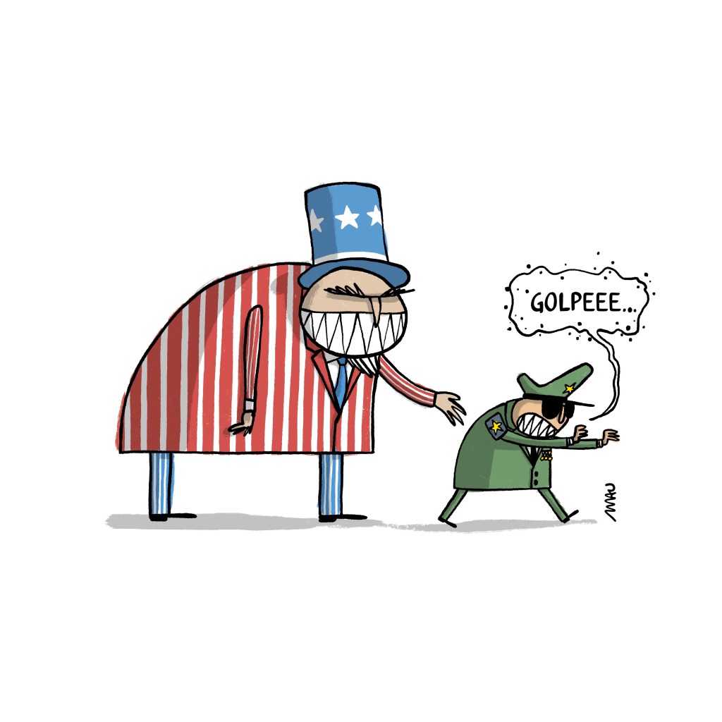 charge - um “tio sam” opulento, metido num terno caracterizado com a bandeira estadu nidense, sorrindo ameaçadoramente, empurra com uma das mãos um general, que anda feito um zumbi, murmurando: golpeee…