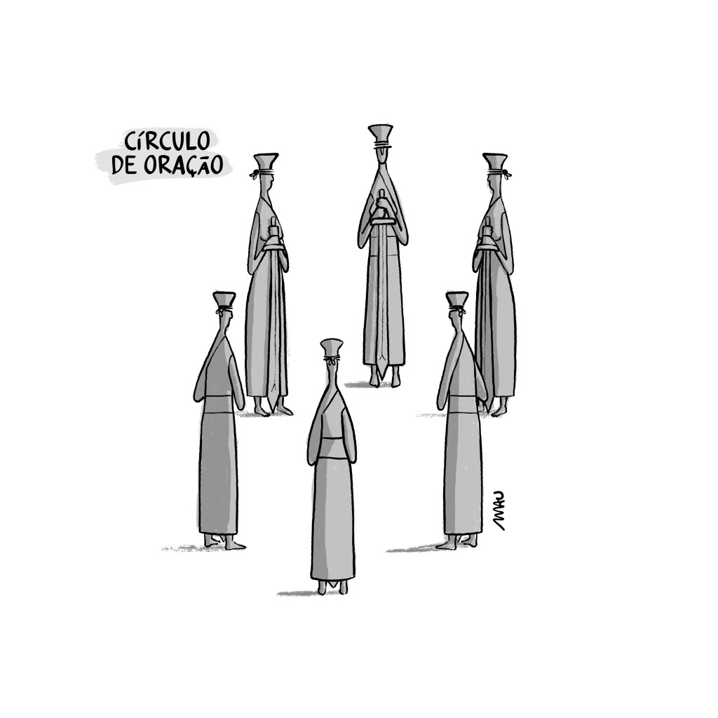 charge - sob o título “círculo de oração”, estão seis estátuas da justiça, voltadas para o centro do círculo que formam, cada uma com as mãos sobre o peito, segurando sua espada, que tem a lâmina apoiada no chão, junto aos pés.