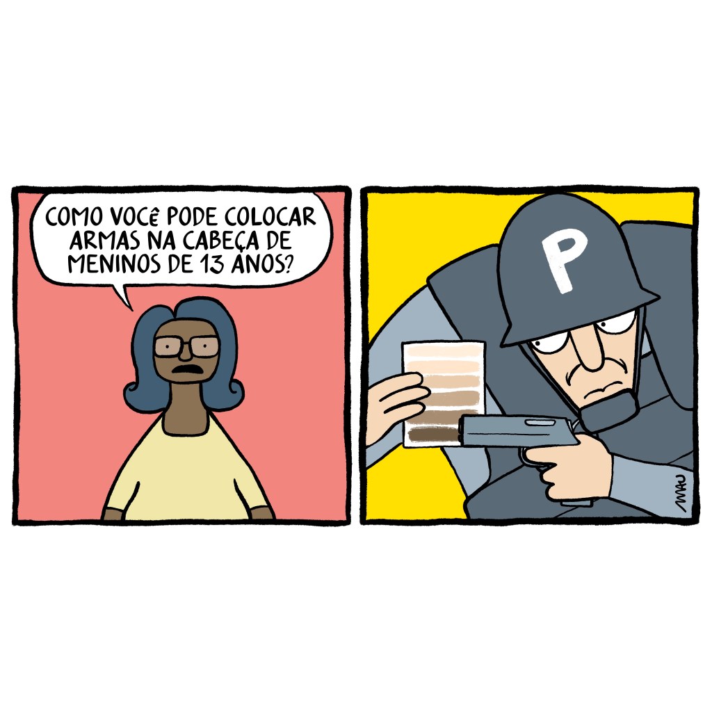 charge em dois quadros - 1º quadro, a embaixatriz do gabão pergunta: como você pode colocar armas na cabeça de meninos de 13 anos? 2º quadro, um policial, aparamentado com colete e capacete, segura uma tabela de tons de pele e aponta para o tom mais escuro com sua pistola.