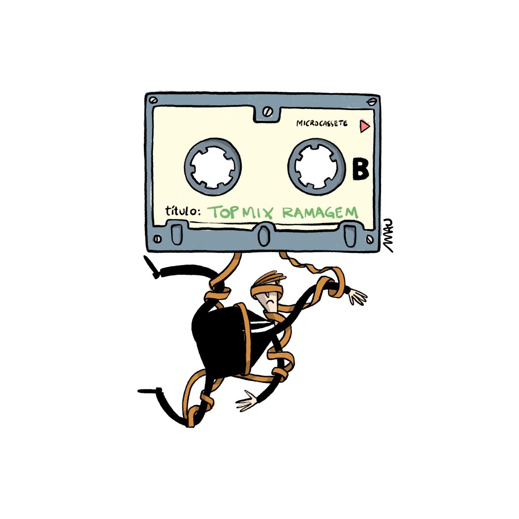 charge - uma fita microcassete com a etiqueta do lado B, onde se lê “título: top mix ramagem”. abaixo do cassete, enrolado na fita que escapa do cartucho, está o jair.