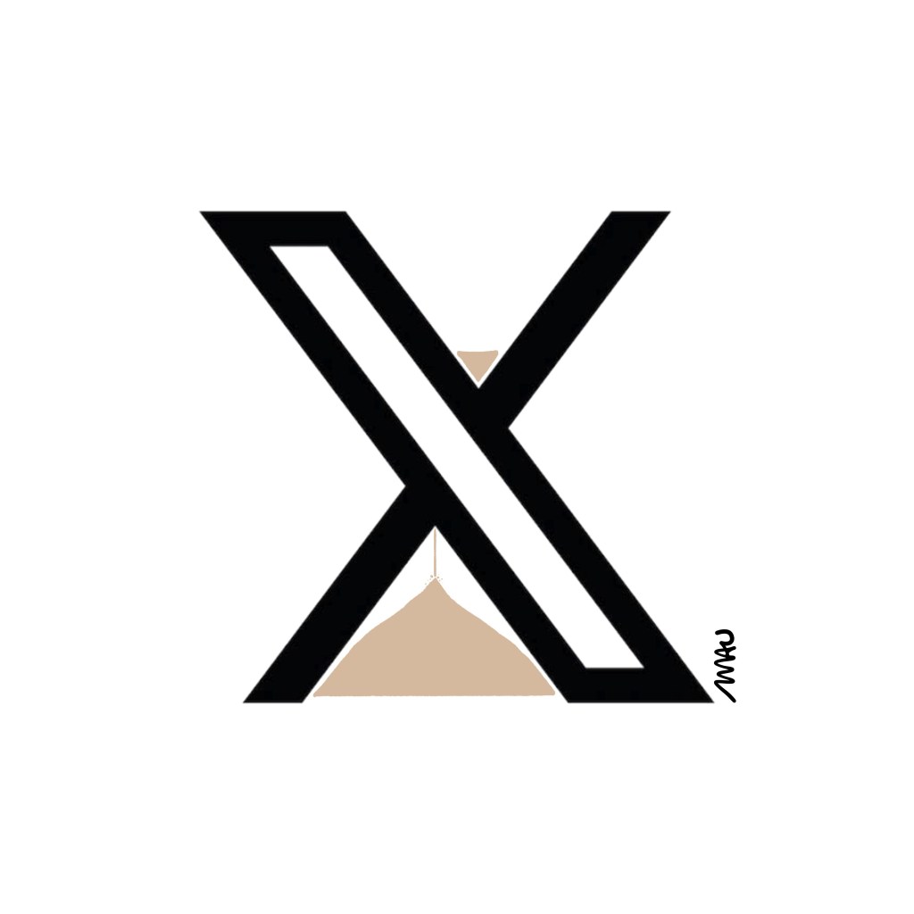 charge - o logo da rede social xis, a letra, simulando uma ampulheta, com quase toda a areia na parte de baixo.