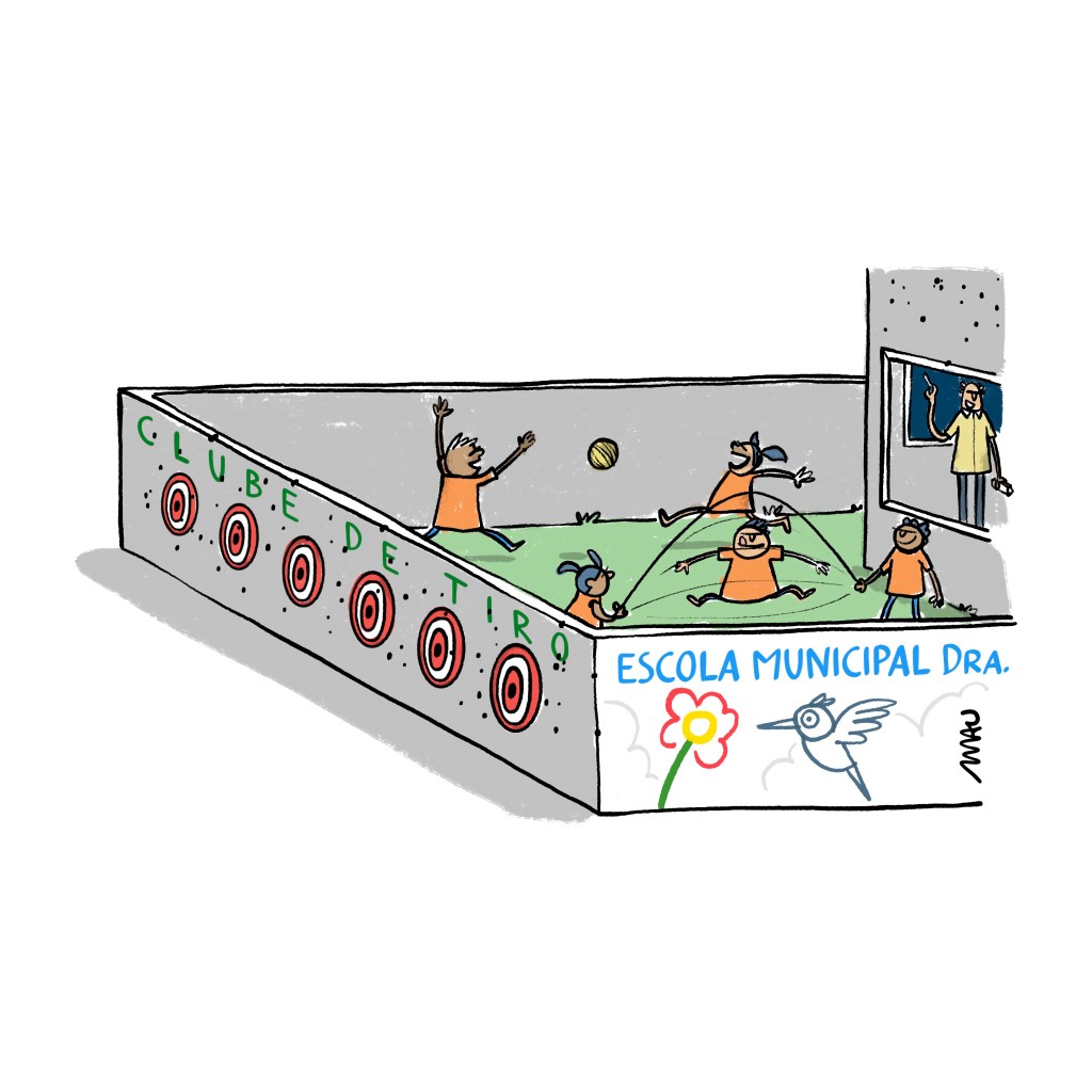 charge - na cena aparecem os muros de uma escola, o pátio onde as crianças brincam, uma parede do prédio, onde, pela janela, se vê o professor em frente ao quadro negro. no muro lateral se lê: escola municipal dra. … no muro que faz fundo para o pátio, há seis alvos de tiro sob a inscrição “clube de tiro”. há marcas de disparos por todo o muro e na parede do prédio, acima da janela.