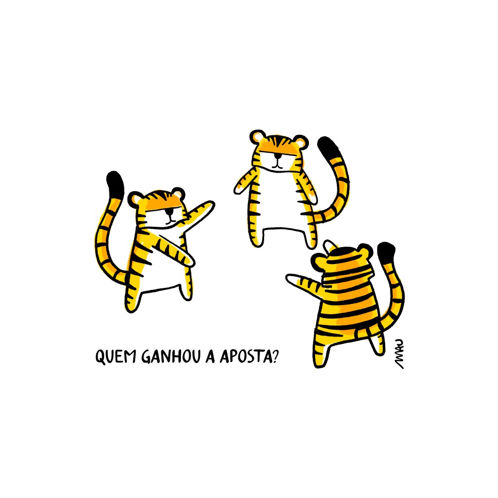 charge - uma releitura do meme do homem-aranha, com três tigres apontando uma para o outro, com o título: quem ganhou a aposta?