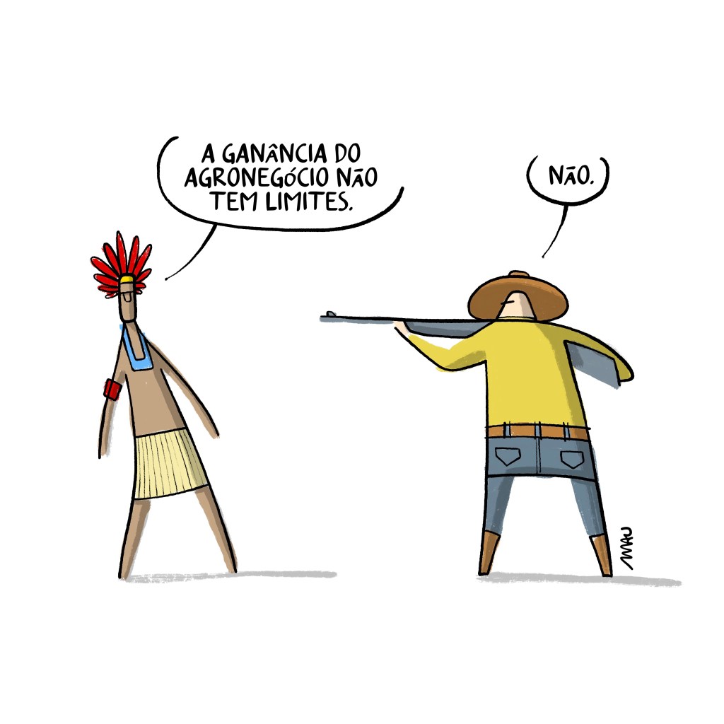 charge - um fazendeiro aponta sua espingarda para um indígena, que diz: a ganância do agronegócio não tem limites. o fazendeiro, concorda: não.