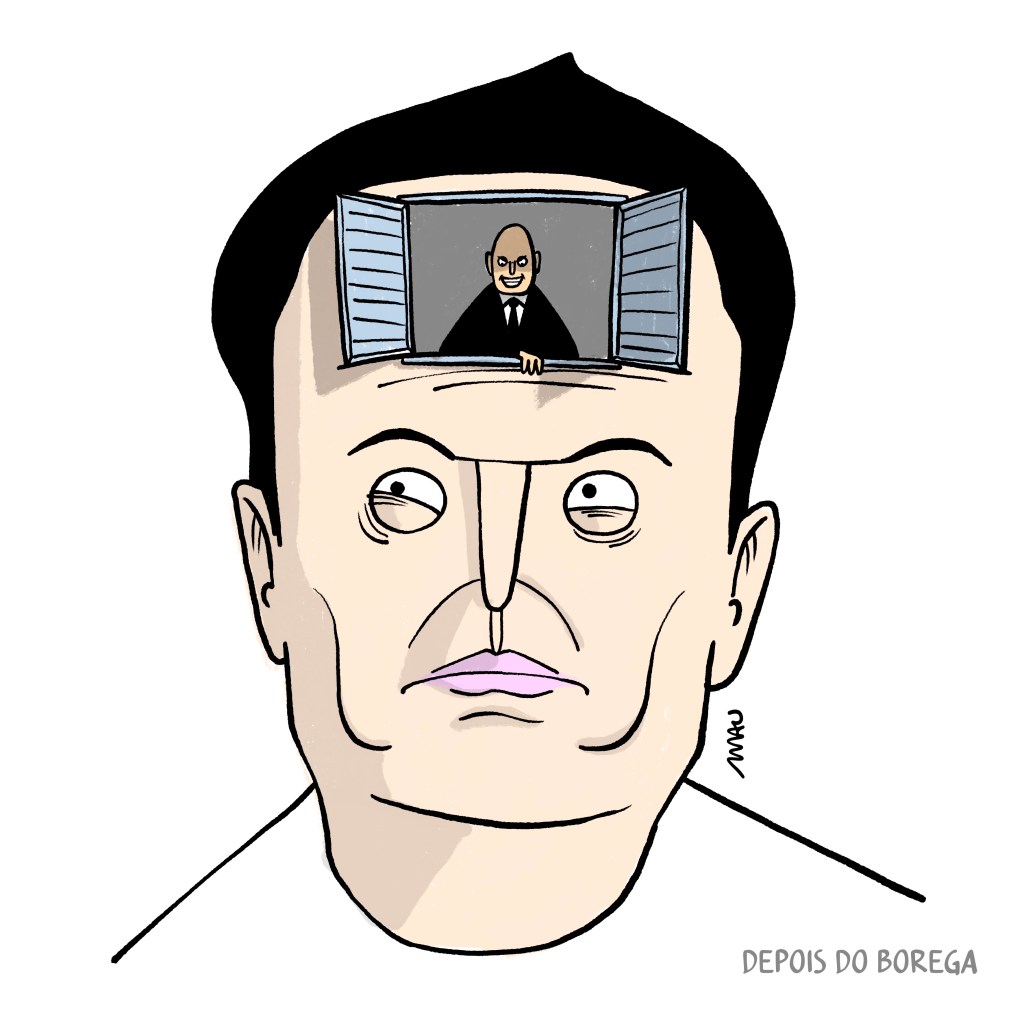 charge - a cabeça pensativa do uélom mousqui tem na testa uma janela aberta e lá dentro, sorridente, está o juiz careca. no canto inferior direito o texto: depois do Borega. menção ao cartunista e sua charge que inspirou esta.