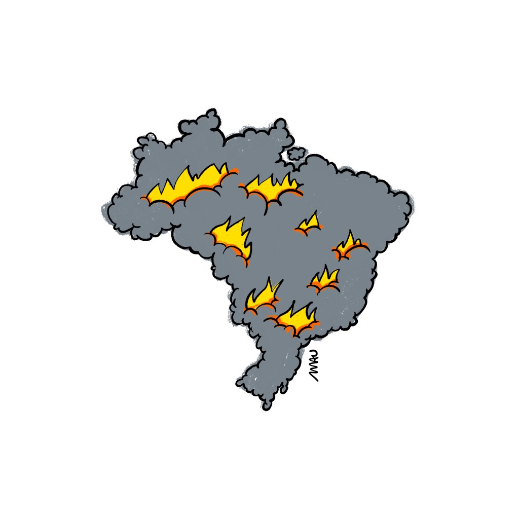 charge - o mapa do Brasil, formado por uma nuvem de fumaça. em meio à fumaça aparecem focos de fogo.