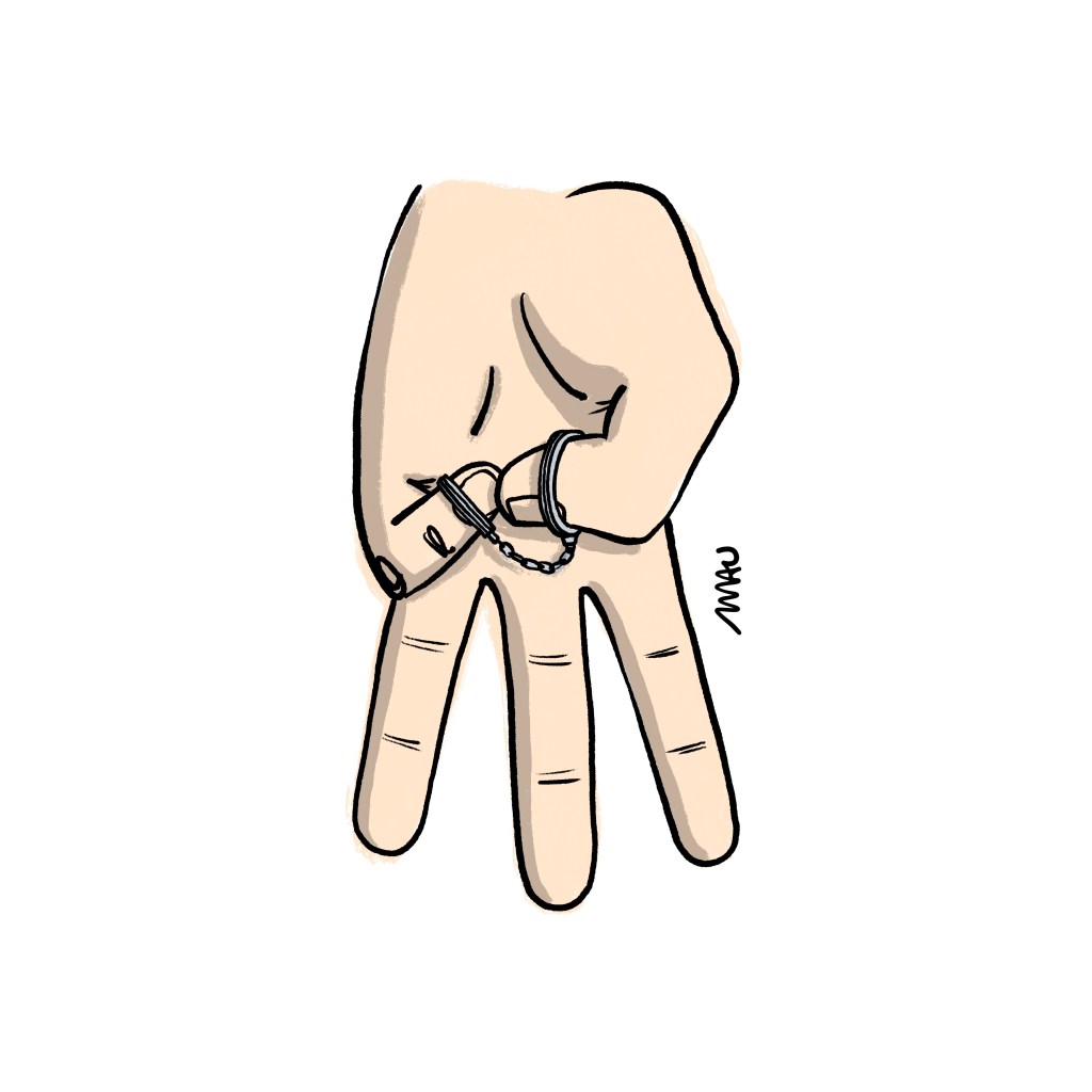 charge - uma mão com o dedo mínimo e o dedão, dobrados para trás, algemados, o restante do dedos formando o “M”