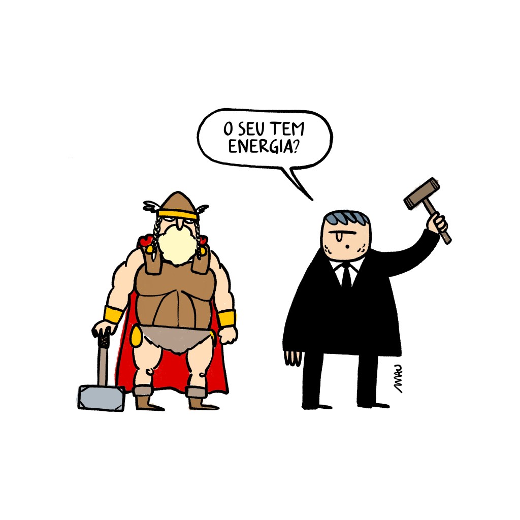 charge - tarciso, empunhando um martelo de leilão, erguendo-o em direção ao céu, pergunta ao deus thor, que está ao seu lado e também tem um martelo nas mãos: o seu tem energia?