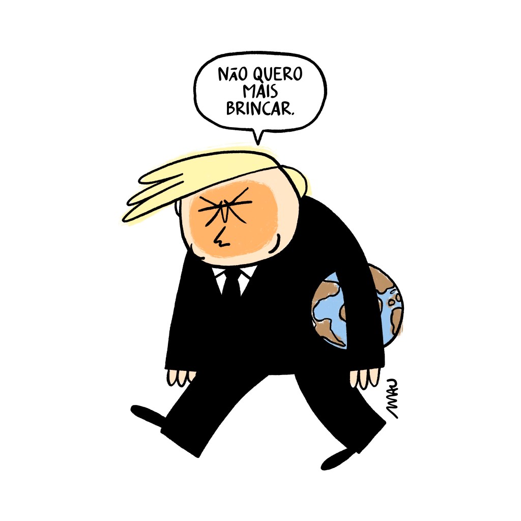 charge - trump, com o mundo embaixo do braço, como se fosse uma bola, está saindo emburrado, dizendo: não quero mais brincar.