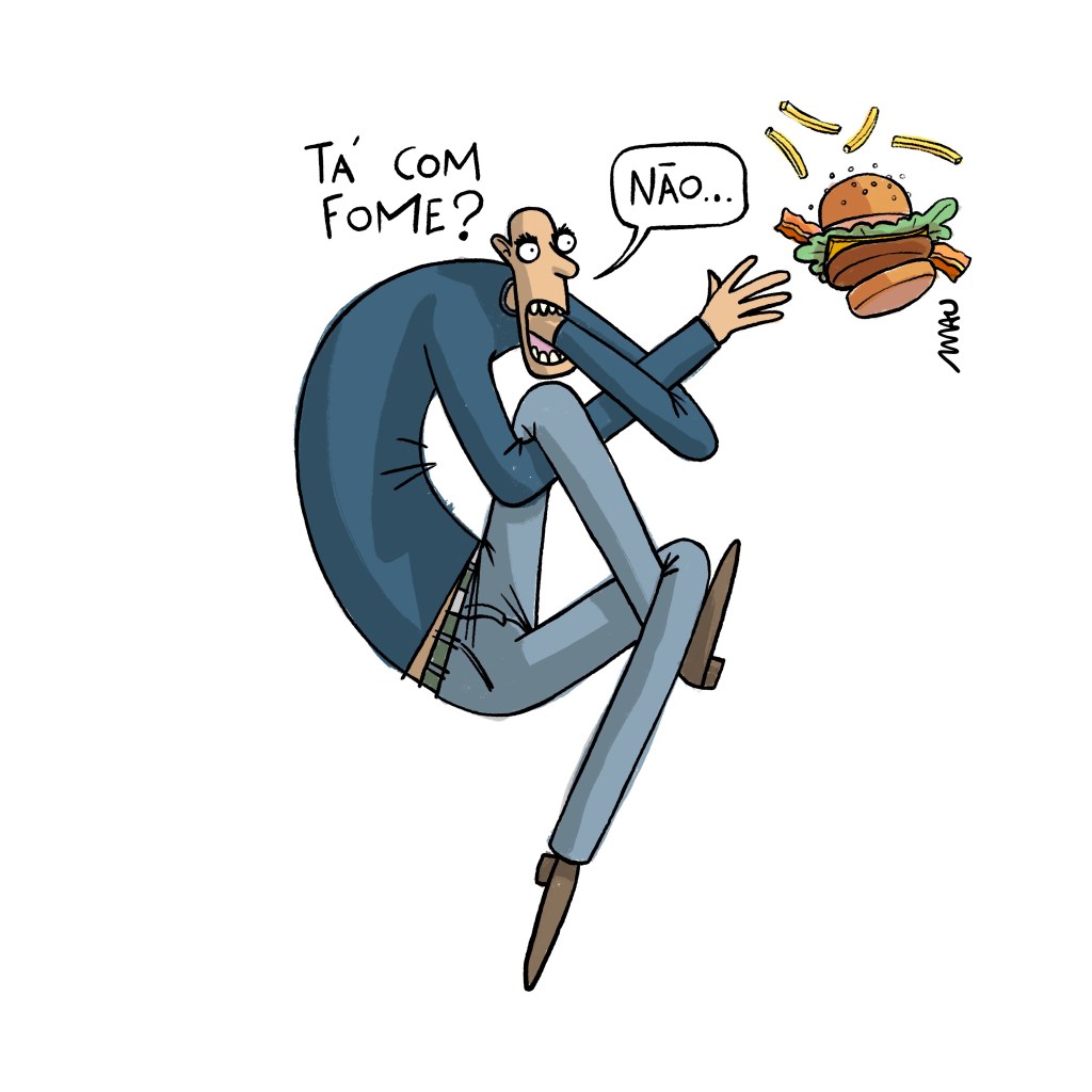 cartum - um cara careca, de olhos arregalados, mordendo uma das mãos, a outra mão tenta alcançar um sanduíche que flutua a sua frente, mas tem as duas pernas e o outro braço entrelaçados, impedindo que o alcance. sobre ele, a pergunta: tá com fome? ele responde: não…
