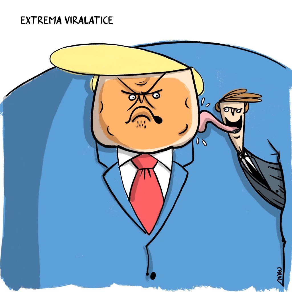 charge - sob o título “extrema viralatice” está o jair, feito um cachorro de madame, seguro pelo sovaco de trump, lambendo sua cara alaranjada e emburrada.
