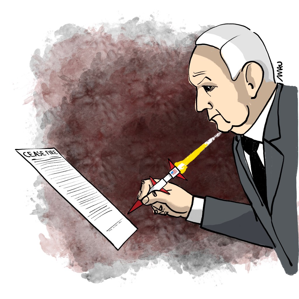 Charge: Netanyahu está prestes a assinar um papel onde se lê, “cease fire” (cessar fogo), mas ao invés de uma caneta, ele tem um míssil entre os dedos.

Cartoon: Netanyahu is about to sign a paper that reads “ceasefire,” but instead of a pen, he has a missile between his fingers.