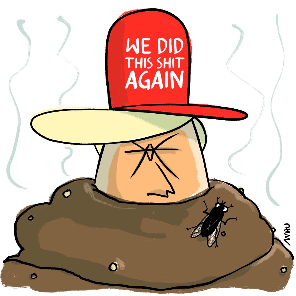 charge - a cabeça de trump, saindo de um cocô, onde há um mosca que olha incrédula para a cara dele, está usando um boné onde se lê: we did this shit again. *nós fizemos essa merda de novo.