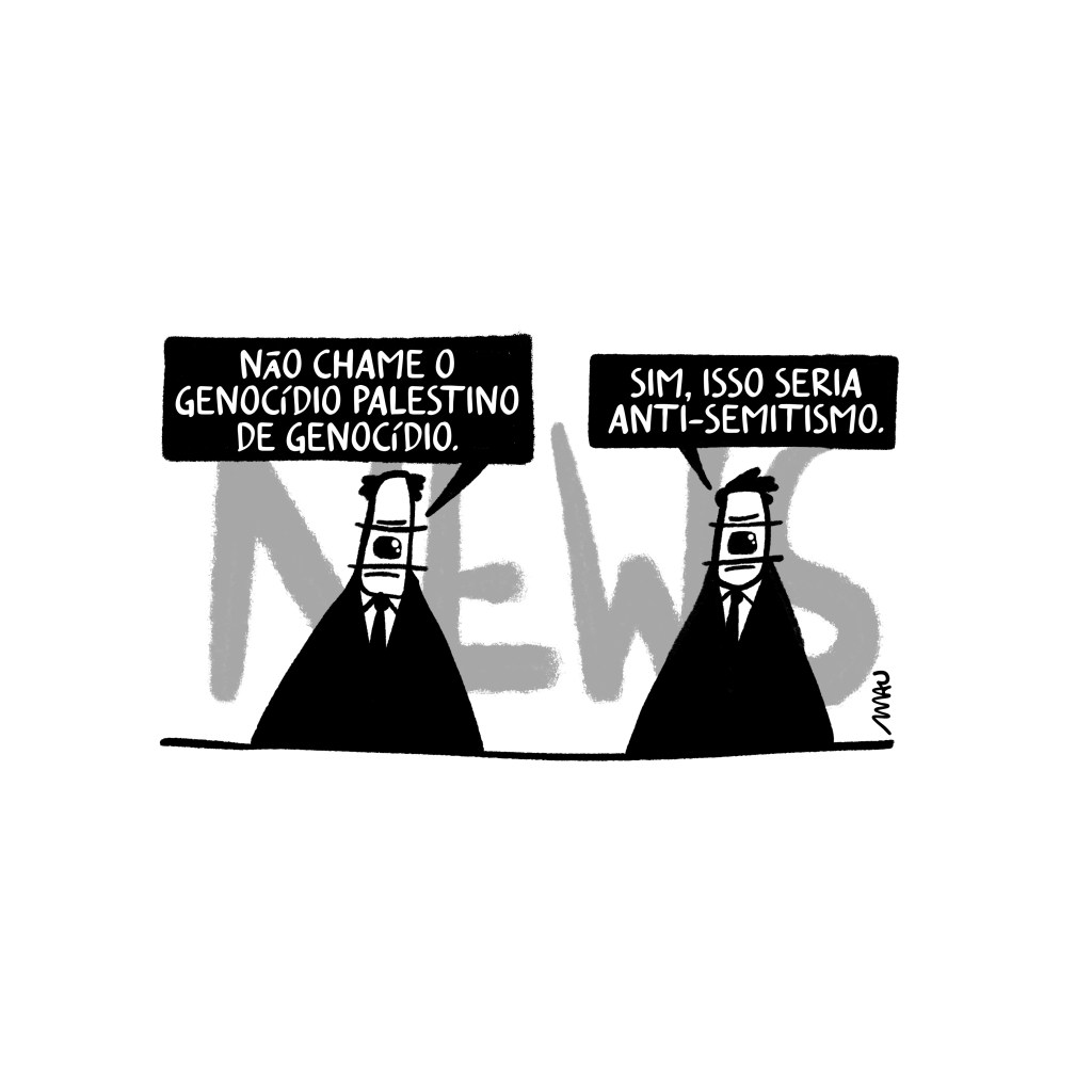 charge - dois apresentadores, que tem um olho só, estão na bancada, à frente do letreiro que diz: news. um deles diz: não chame o genocídio palestino de genocídio. o outro diz: sim, isso seria anti-semitismo.