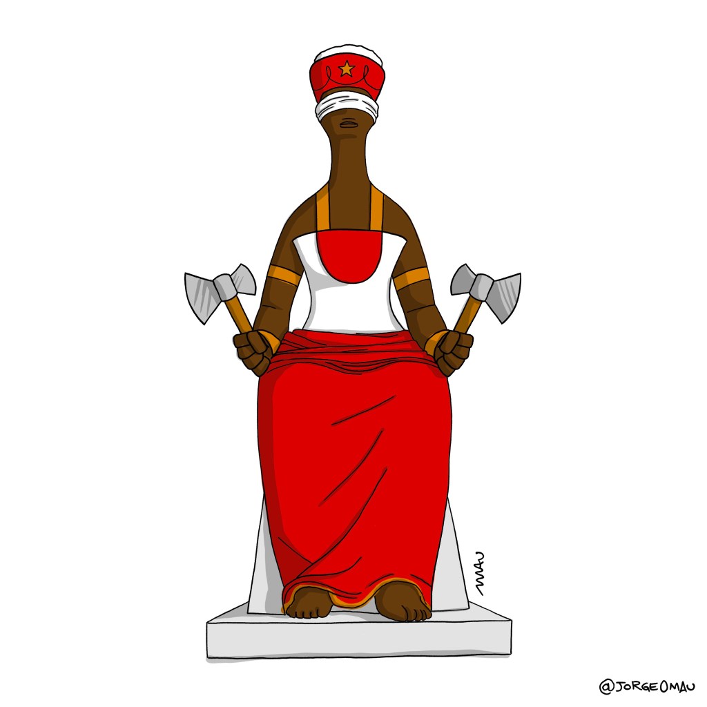 charge - a estátua da justiça, da praça dos três poderes, caracterizada como xangô.