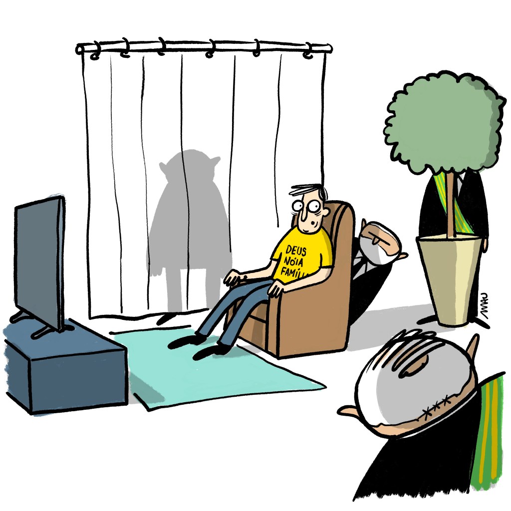 cartum: um patriota está sentado em sua poltrona, na sala em frente à tv. sua camiseta amarela tem estampado os dizeres, “deus, nóia, familia”, e ele olha assustado ao redor. na sala há clones do Lula, atrás da poltrona, do vaso, da cortina e um último, de costas, no primeiro plano.