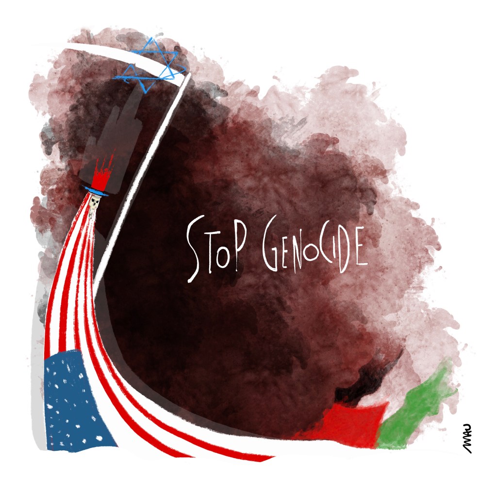 Cartoon: Death, dressed in the United States flag, wields her scythe, whose blade is wrapped in the Star of David, and faces the colorful flames forming the Palestinian flag. At the center of the drawing, it reads, “Stop Genocide.” Stop the genocide.

cartum: a morte, vestida com a bandeira dos estados unidos, empunha sua foice, que tem a lâmina envolta na estrela de davi, e encara as chamas coloridas que formam a bandeira palestina. no centro do desenho lê-se, “stop genocide”. *pare o genocídio.