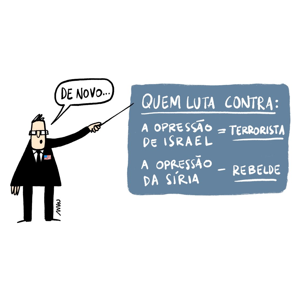 charge: um homem de terno, com uma bandeira dos EUA no peito, aponta para o quadro que tem os dizeres, “quem luta contra: a opressão de israel = terrorista, contra a opressão da síria = rebelde.”