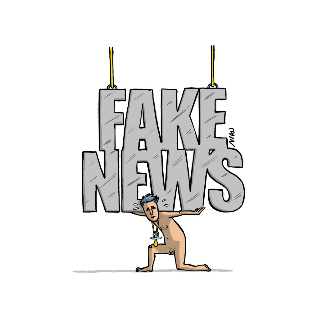 charge: o deputado nicolas tem uma chupeta pendurada no pescoço e imita hércules, posicionado sob um letreiro que parece ser de pedra e que é sustentado por cabos. no letreiro se lê: fake news.