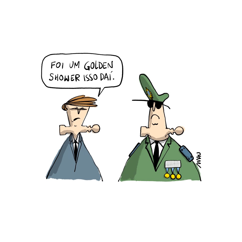 charge: jair conversa com um general e os dois tem um troféu golden globe entalado na garganta. jair diz: foi um golden shower isso daí.