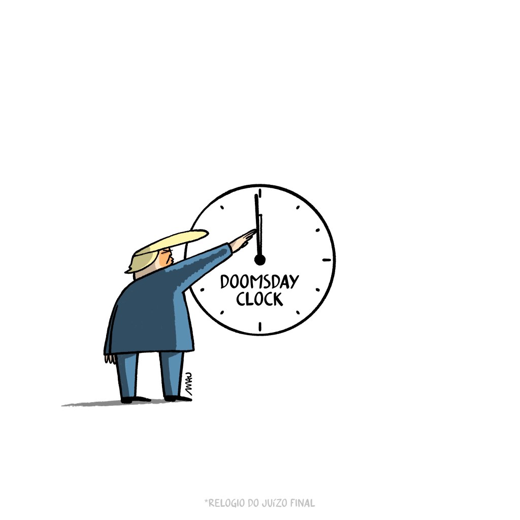 english / português

Cartoon: trump is doing a nazi salute and his hand is pushing the dial on the doomsday clock to midnight.

Cartum: Trump está fazendo uma saudação nazista e sua mão está empurrando o ponteiro do relógio do dia do juízo final para a meia-noite.