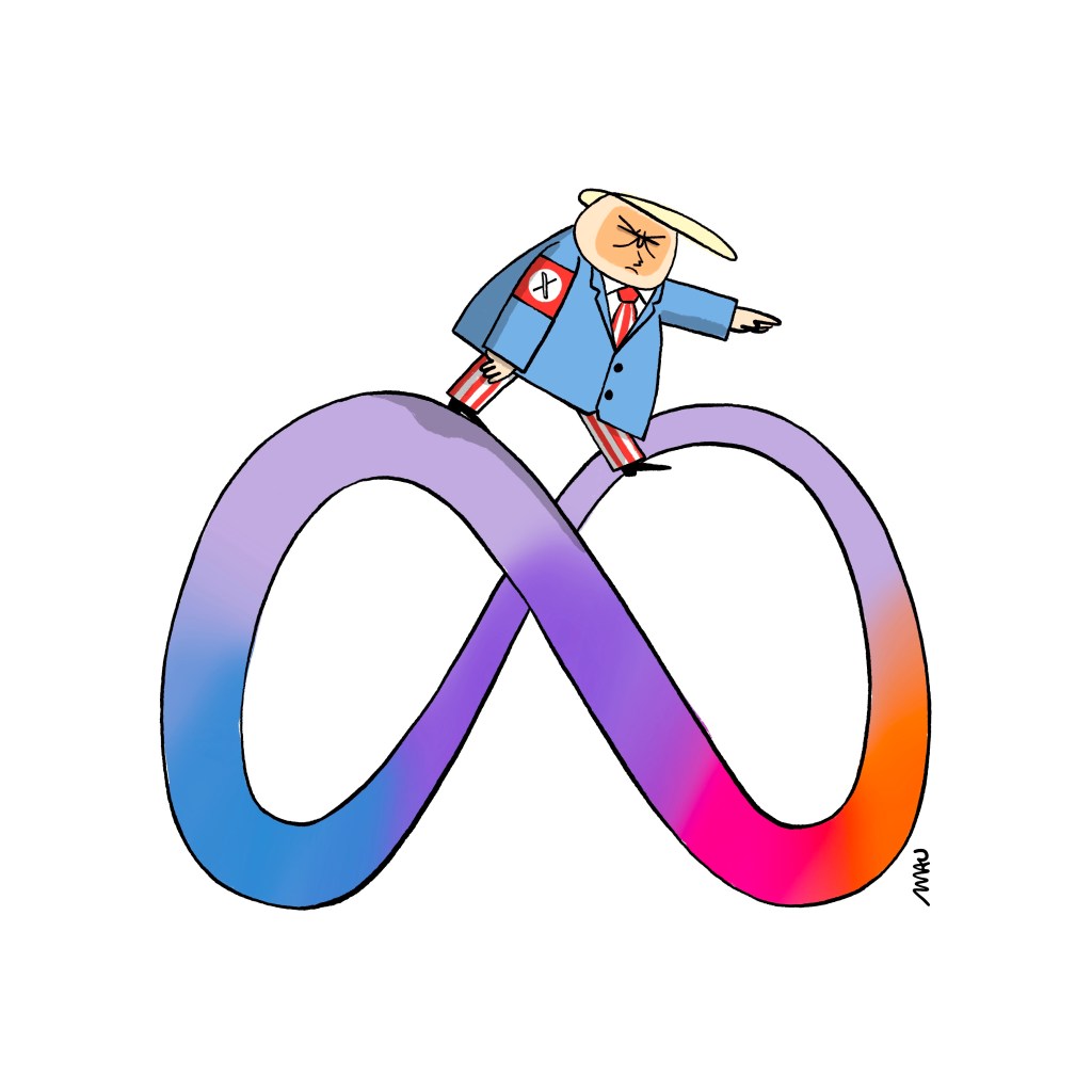 political cartoon: Donald, dressed in a suit featuring the colors of the U.S. flag, marches on a symbol of infinity with one arm extended forward. On his other arm, there is a red armband with an “X” inside a white circle.

charge: Donald, vestido com um terno com as cores da bandeira dos EUA, marcha em um símbolo do infinito com um braço estendido para a frente. No outro braço, há uma braçadeira vermelha com um “X” dentro de um círculo branco.