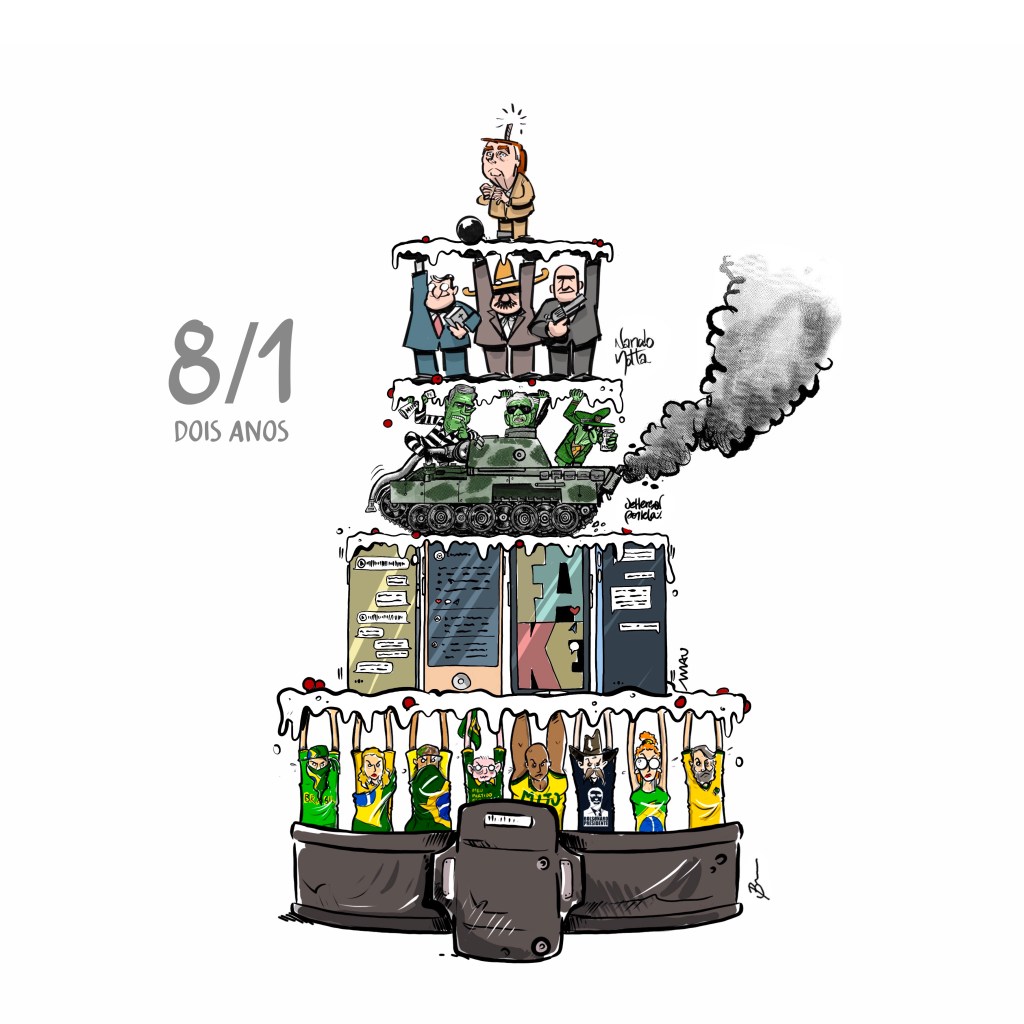 charge a quatro mãos: 8/1 dois anos - Num bolo com quatro andares, o primeiro andar, desenhado pelo Brum, tem uma base de tornozeleira eletrônica e patriotas enfileirados, com os braços para cima, segurando a plataforma do segundo andar do bolo. o segundo andar, desenhado pelo Mau, tem celulares e em suas telas há chats de aplicativos e redes sociais. o terceiro andar, desenhado pelo Jeff Portela é formado por um tanque de guerra e militares, que seguram o quarto andar, desenhado pelo Nando Motta. O quarto andar tem três representantes da bancada do boi, da bíblia e da bala, que seguram uma plataforma onde está o jair, feito uma vela, com uma bola de ferro presa ao tornozelo.