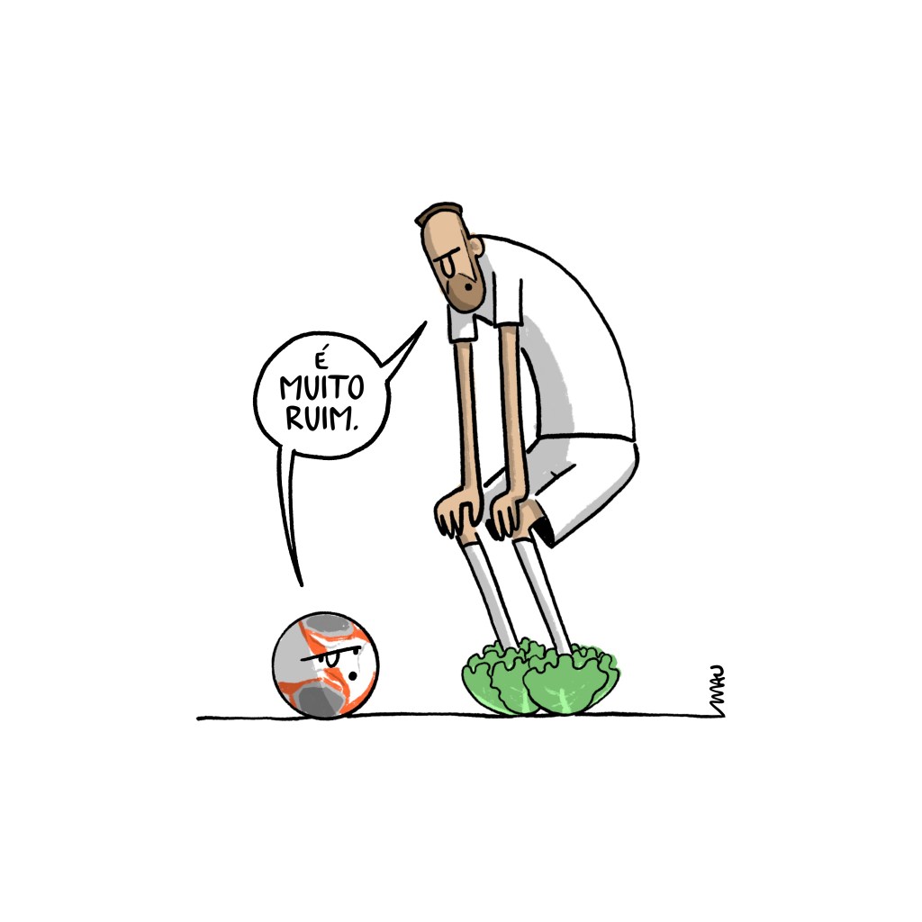 charge: Menino Ney, corpo inclinado, mãos apoiadas nos joelhos, olha para a bola do paulistão, que, por sua vez, olha para os pés de alface do craque. Eles dizem em uníssono “ é muito ruim”.
