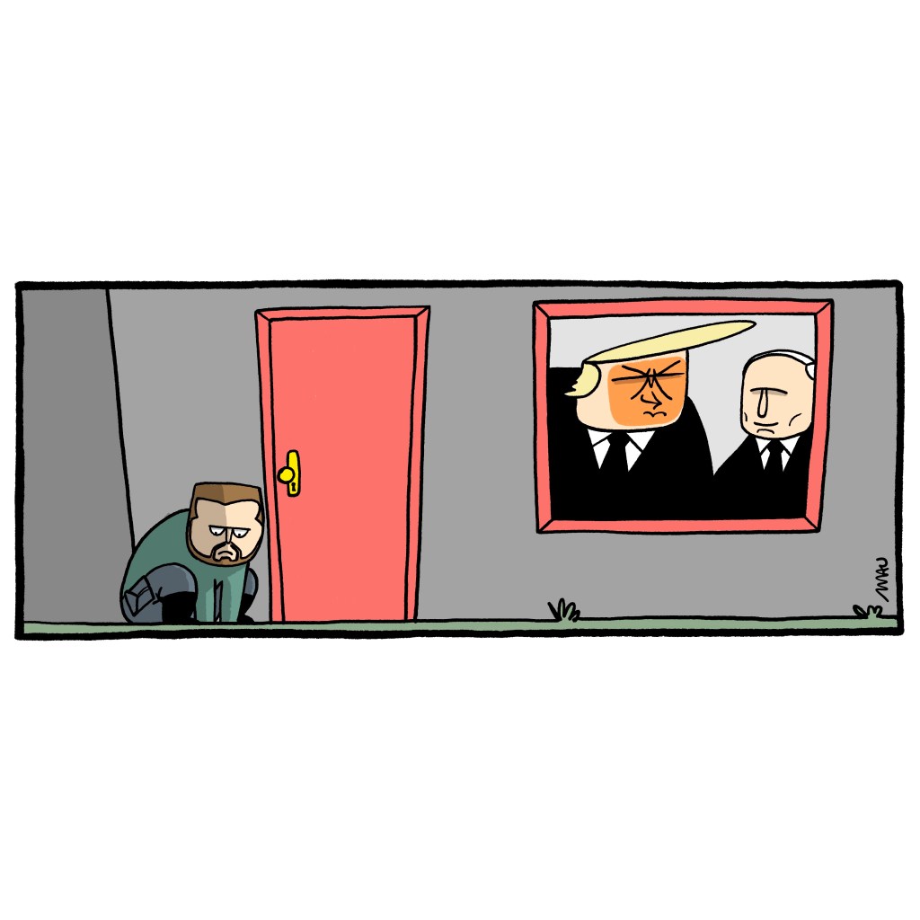 English / Português 

Political Cartoon: Trump and Putin are seen through a window, smiling. Outside the house, sitting by the door like a dog, is Zelensky, looking down sadly.

Charge: Trump e Putin aparecem na janela, sorrindo. Fora da casa, sentado feito um cachorro perto da porta, está Zelensky cabisbaixo.