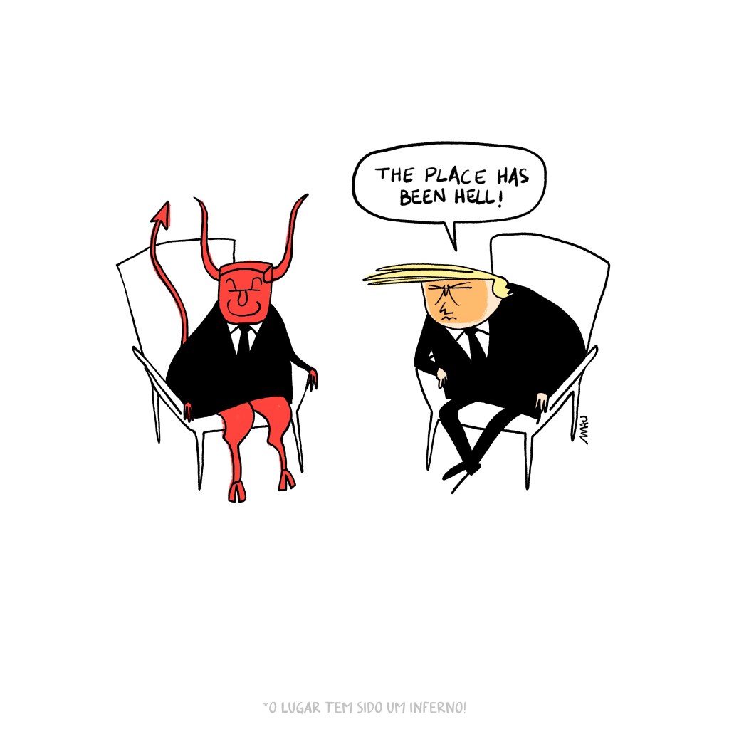 english / português 

Political Cartoon: Donald and the Devil, who looks like Benjamin, are sitting on two chairs. The Devil wears a sly smile on his face, while Donald exclaims, "This place has been hell!" referring to Gaza

Charge: Donald e o diabo, que se parece com o Benjamin, estão sentados em duas cadeiras. O Diabo tem um sorriso sorrateiro em seu rosto, enquanto Donald exclama: "Este lugar tem sido um inferno!" se referindo a Gaza.