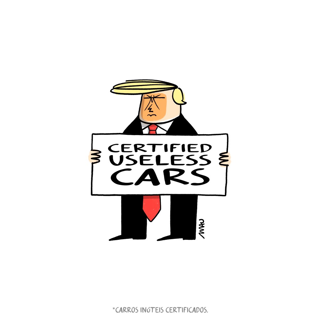 English / Português 

Political cartoon: Donald is holding a sign that reads, “Certified useless cars”.

Charge: Donald está segurando um cartaz onde se lê, “Carros inúteis certificados”. 