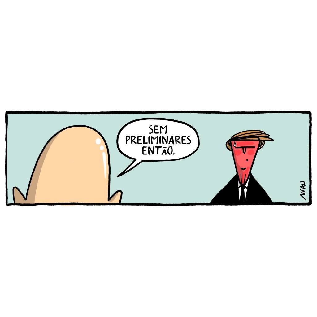 charge: Xandão está de costas, só se vê sua careca, dizendo “Sem preliminares então.”, para um jair com a cara toda vermelha e suada.