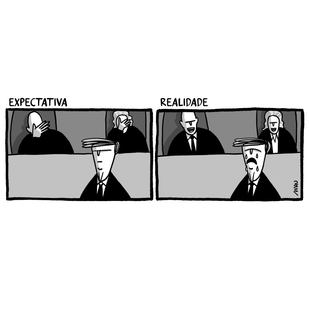 charge em dois quadros: 1°, sob o título “Expectativa”, está o jair, numa reprodução da famosa foto do julgamento de Dilma pelos militares. Cobrindo seus rostos estão, ao fundo, Xandão e Carmem. 2°, sob o título “Realidade”, está pintada a mesma cena, mas jair está chorando e Xandão e Carmem rindo.