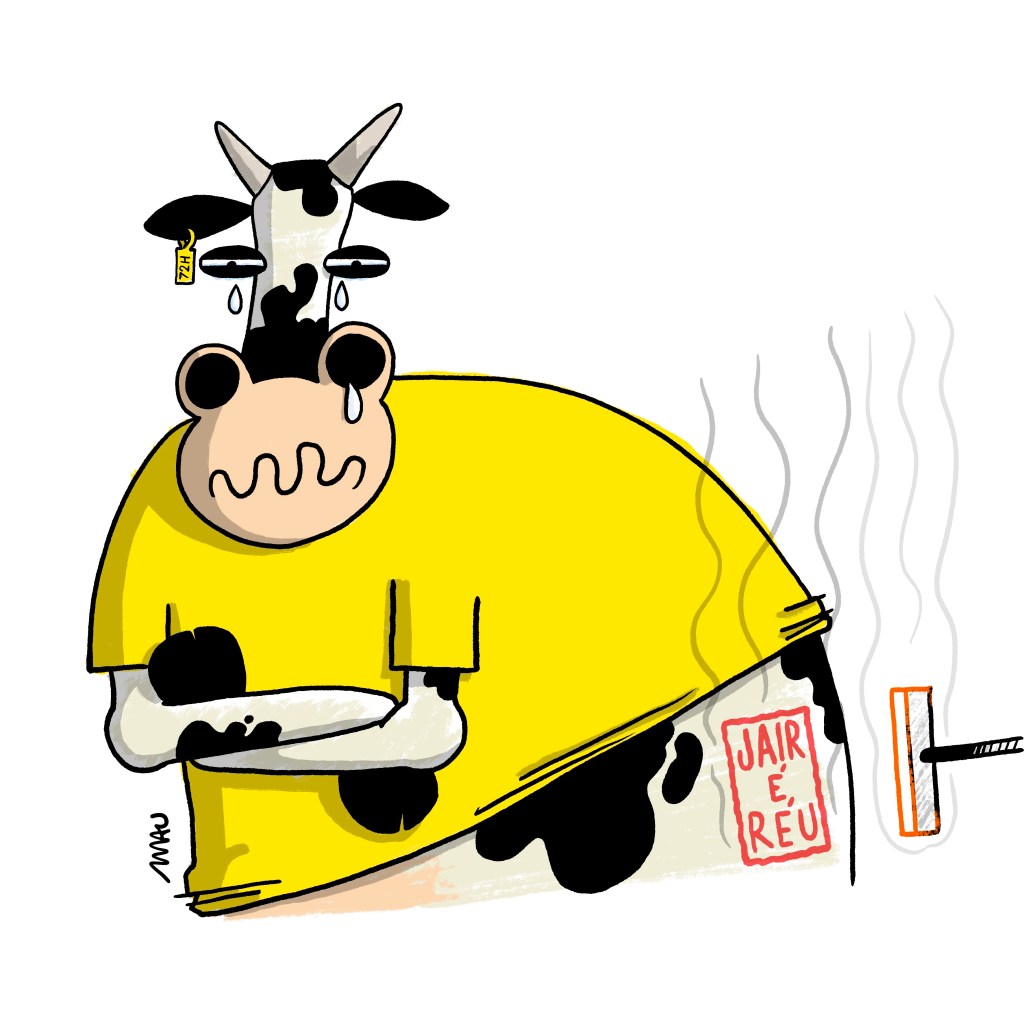Charge: Um boi, vestindo uma camiseta amarela, chora indignado com os braços cruzados, por causa da marca que acabou de ser queimada em seu couro. Nela se lê “jair é réu”.