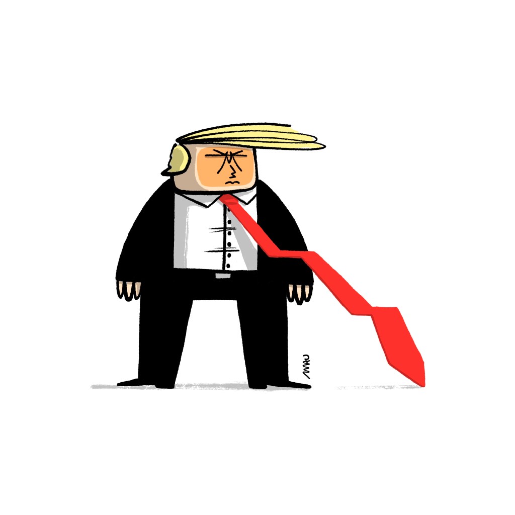 English / Português 

Political Cartoon: Trump is standing up, wearing a suit. His red tie is pointing downward, resembling a red chart line.

Charge: Trump está em pé vestindo seu terno. Sua gravata vermelha é uma linha de gráfico apontando para baixo.