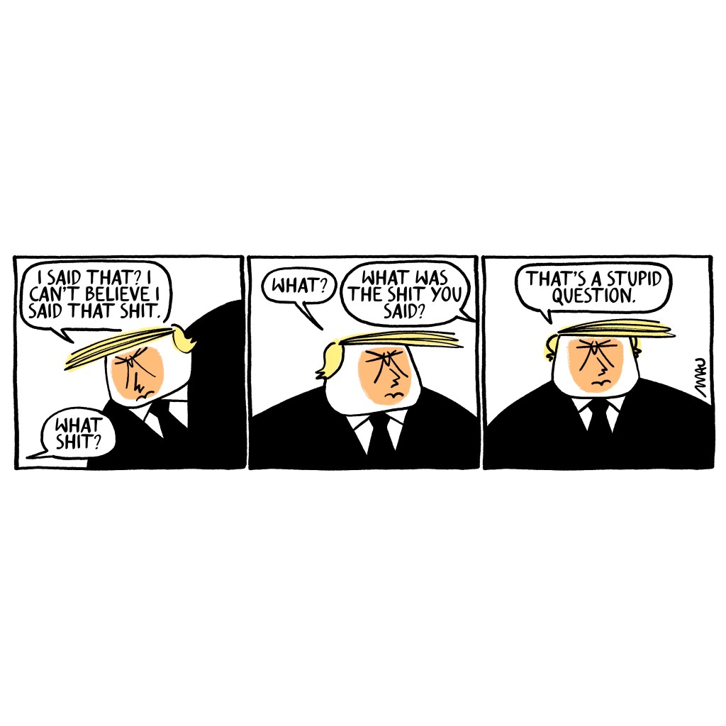 Political Cartoon:  
First Frame:  
Trump: "I said that? I can’t believe I said that shit."  
Someone: "What shit?"  

Second Frame:  
Trump: "What?"  
Someone: "What was the shit you said?"  

Third Frame:  
Trump: "That’s a stupid question."