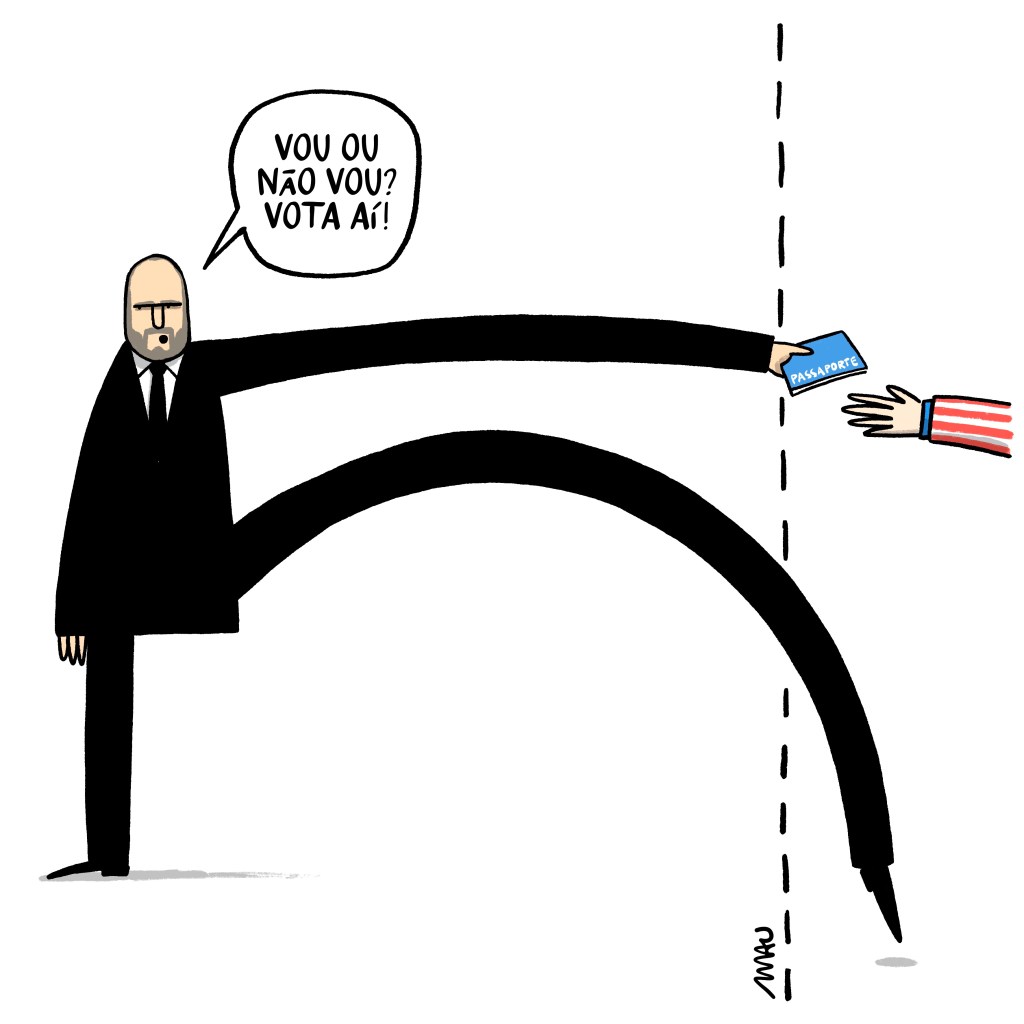 Charge: Dudu bananinha está em pé, perguntando, “Vou ou não vou? Vota aí?”, porém um de seus braços está exageradamente esticado entregando o passaporte para o tio Sam (aparece apenas a mão e parte do terno com as listras vermelhas) e uma das pernas também esticada, quase tocando o chão do outro lado de uma linha pontilhada.