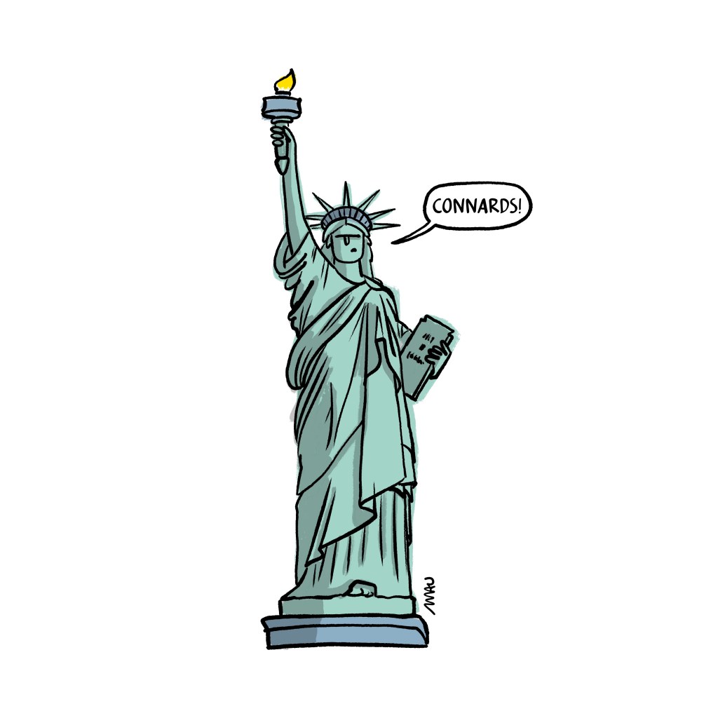 English / Português 

Political Cartoon: The Liberty statue is saying “Connards!”

Charge: A estátua da liberdade dizendo “Connards!”