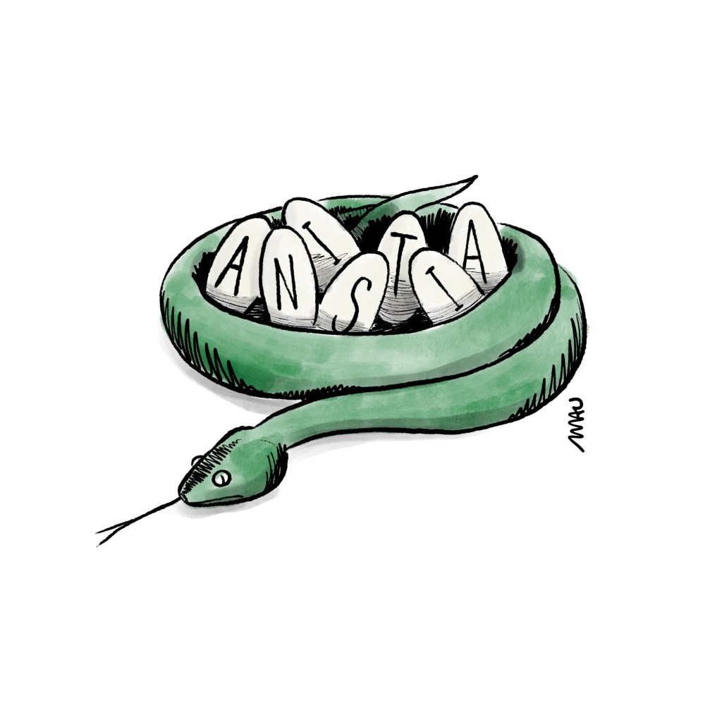 charge: Uma serpente está enrolada, protegendo seus ovos. Eles tem letras estampadas em suas cascas, que formam a palavra “Anistia”.