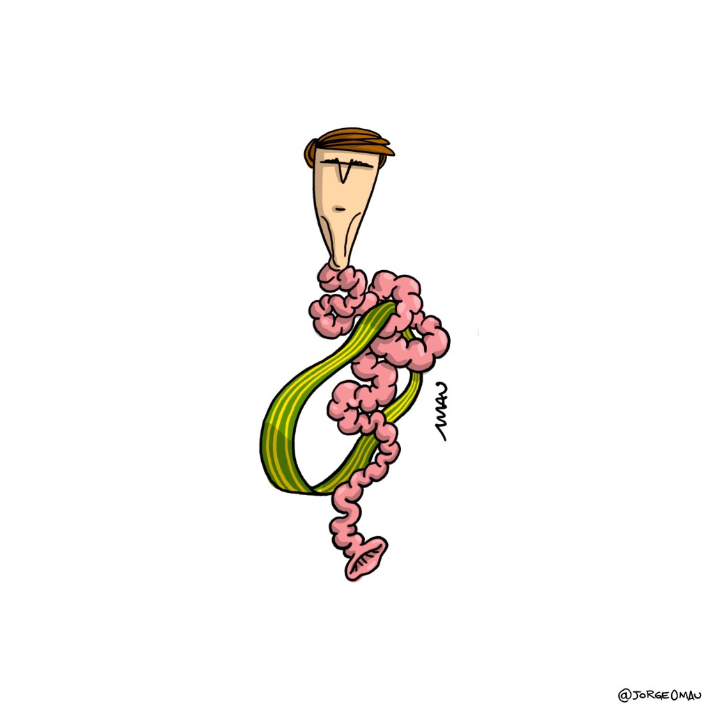 charge: Jair veste a faixa presidencial, ele é só a cabeça e os intestinos.